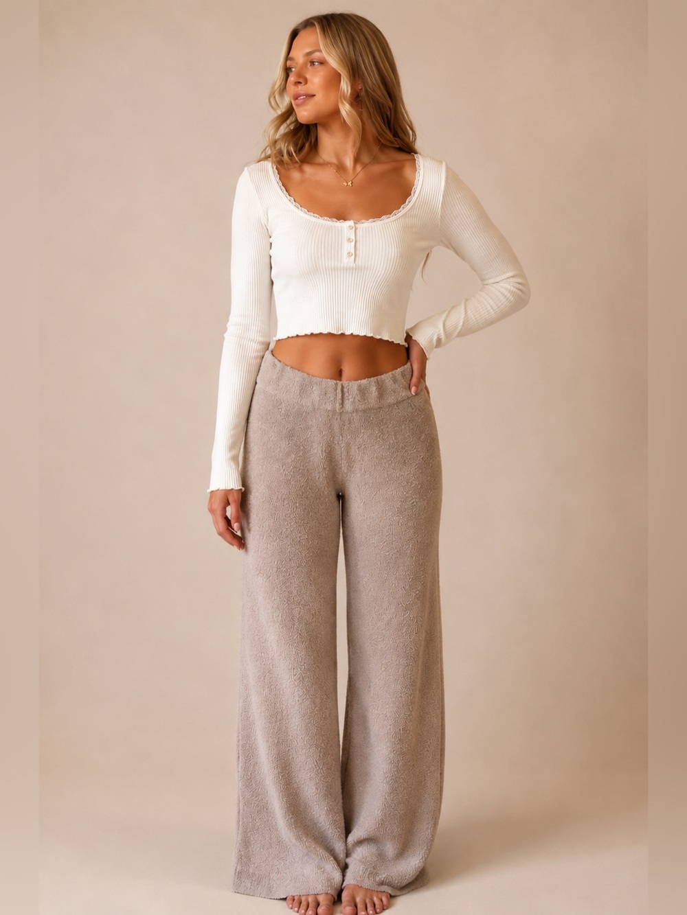 Altar'd State Taupe Popcorn Knit Wide Leg Pants - Medium